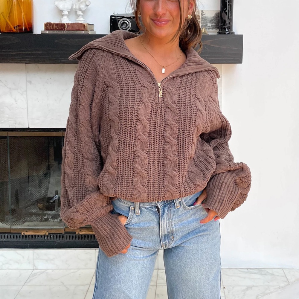 Chunky Brown Cowl Neck Cable Knit Sweater